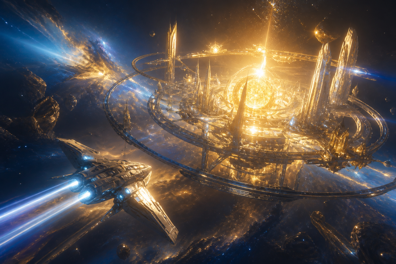 A ship banks toward a golden sun-city in deep space